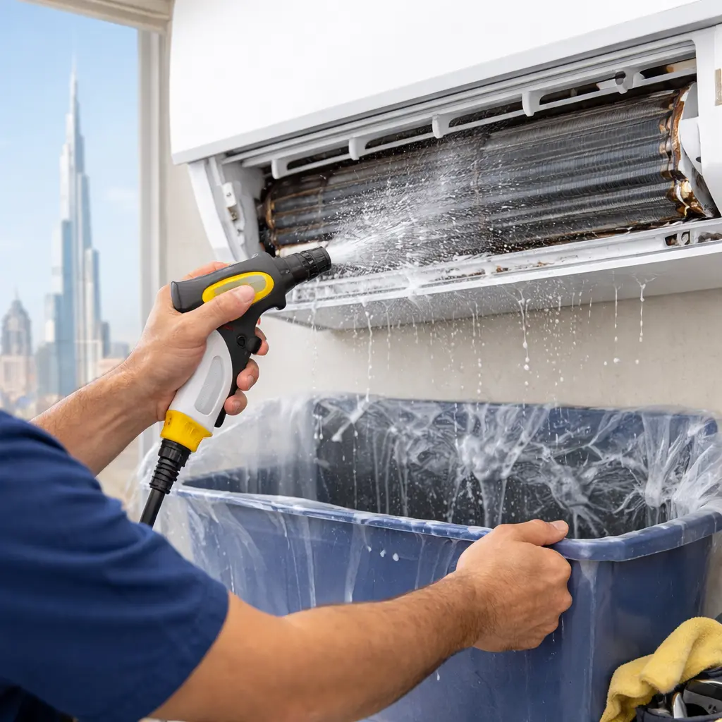 HVAC technician washing evaporator coils on a wall-mounted air conditioner