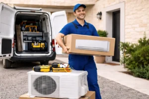 Technician delivering a new AC unit and outdoor condenser for supply and installation service