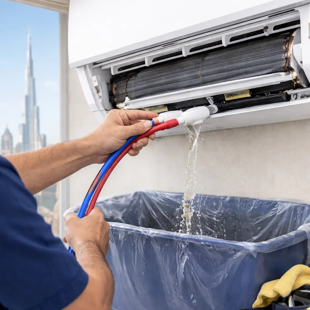 Technician flushing the AC drain line and drain pan to stop water leaks